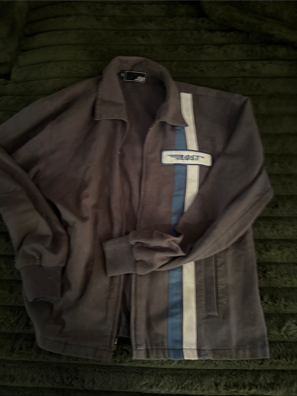 Lost Men's Gray Bomber Jacket with Blue & White Stripes